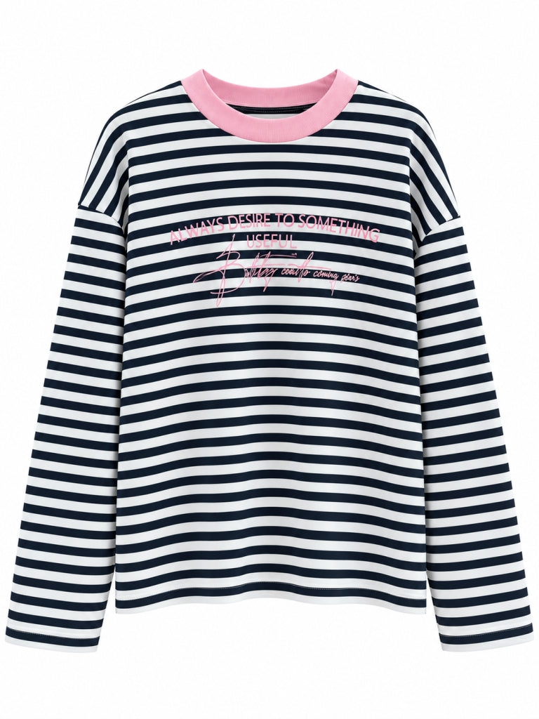Lacivert Çizgili Pembe Baskılı Sweat 1126-Lacivert