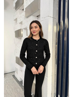 Dilvin Siyah Pullu Gold Düğmeli Triko Hırka 60935-SİYAH