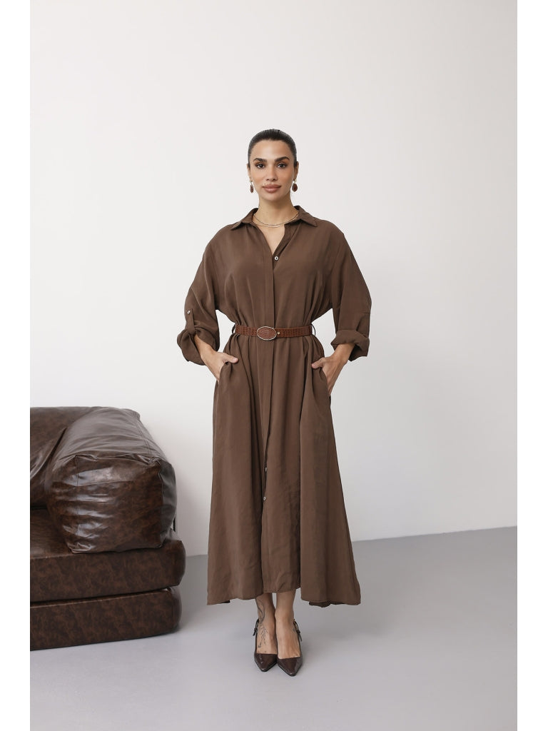 Kahve Tensel Kemerli Gömlek Elbise EYY3270-Kahve