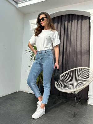 Mavi Yıkamalı Likralı Mom Jean