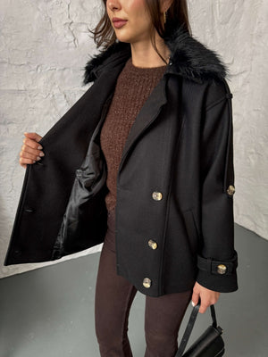 Siyah Yakası Kürklü Premium Kaşe Kaban 70100-Siyah