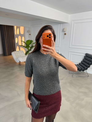 Füme Kısa Kollu Pullu Triko Bluz 2944-Füme