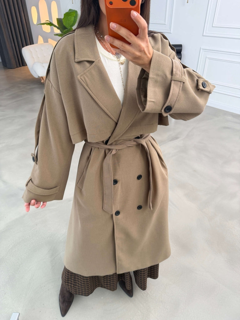 Camel Kruvaze Detaylı Oversize Trençkot 9476-CAMEL