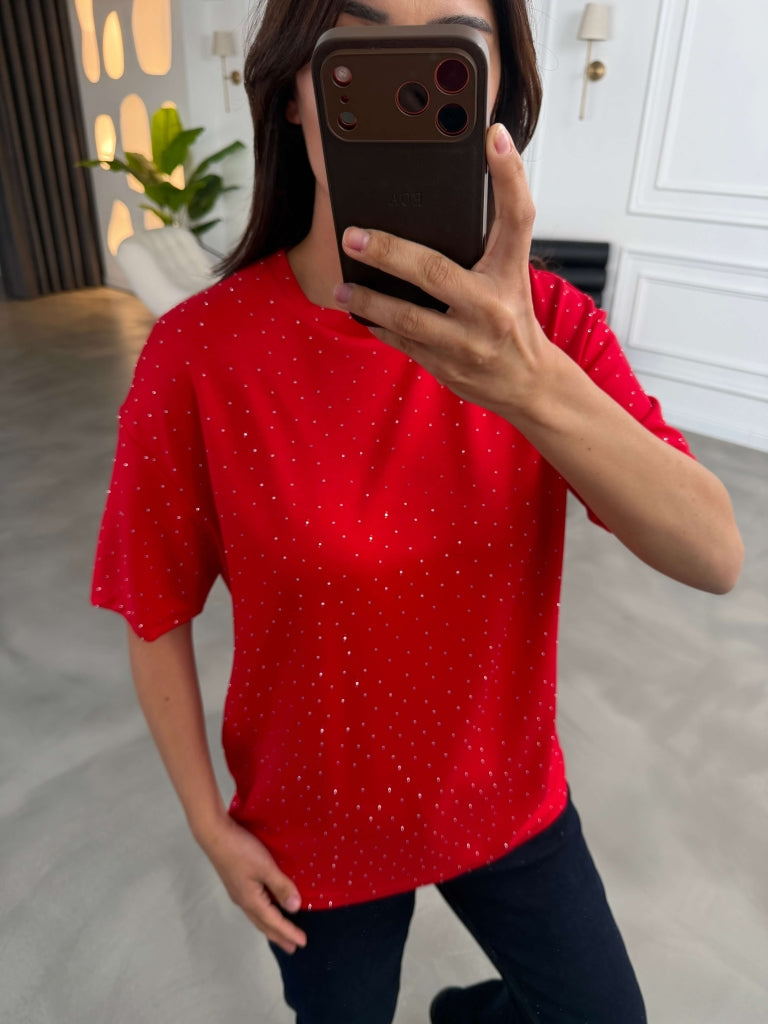 Kırmızı Taş Baskılı Tshirt 4236-Kırmızı
