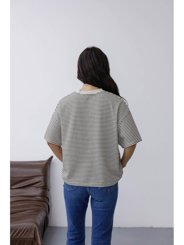 Ekru Çizgili Orj Marka Oversize Tshirt 6274-Ekru