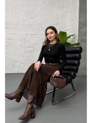 Kahverengi Kadife Desen Etek 251134-Kahverengi