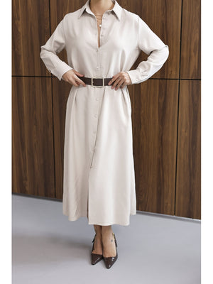 Taş Maxi Boydan Düğmeli Kemerli Elbise 8185-Taş