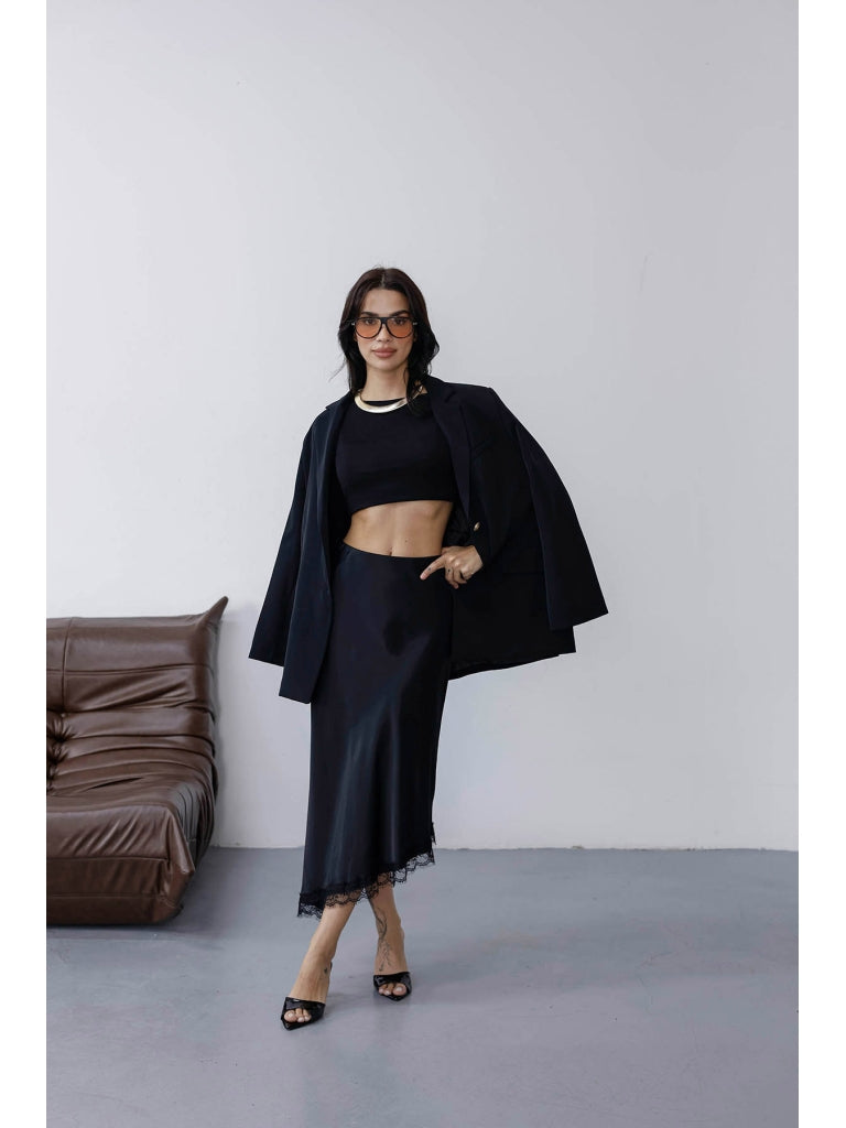 Siyah Dantel Detaylı Asimetrik Saten Etek 8025-SİYAH