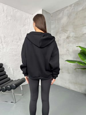 Siyah Ön Fermuarlı Kapüşonlu Sweatshirt