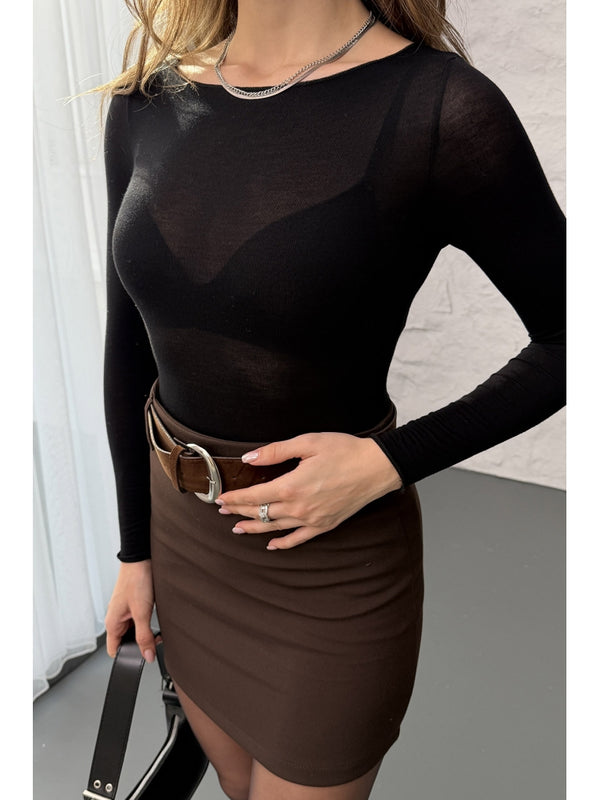 Siyah Kayık Yaka Transparan Bluz 25187-Siyah