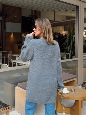 Gri Peluş Yumuşak Dokulu Bağlamalı Uzun Triko Hırka