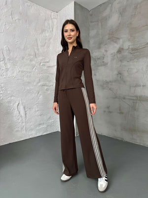 Acı Kahve Şeritli Likralı Eşofman Takımı T006-KAHVE