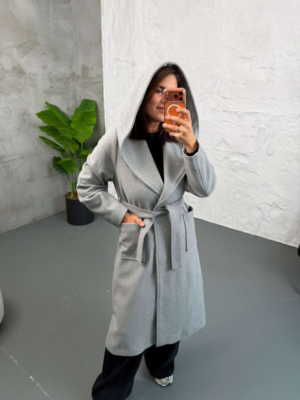 Gri Kapşonlu Kaşe Kaban 2610-Gri