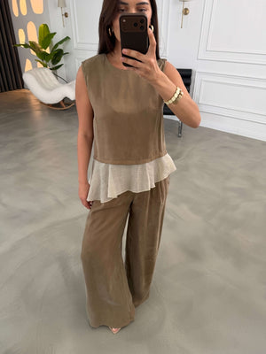 Bronz Eteği Garnili Bluz Pantolon Takım 51391-Bronz