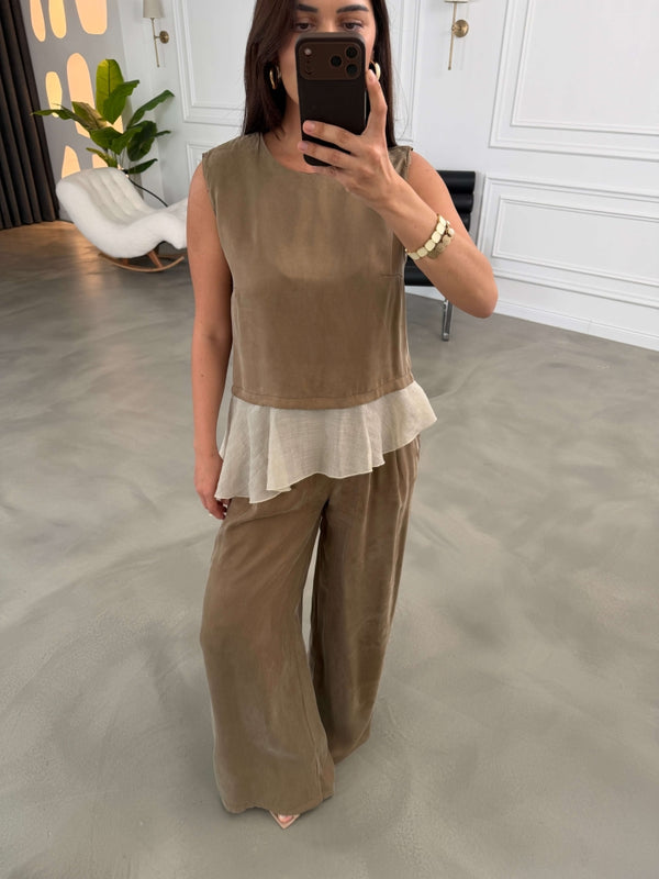 Bronz Eteği Garnili Bluz Pantolon Takım 51391-Bronz