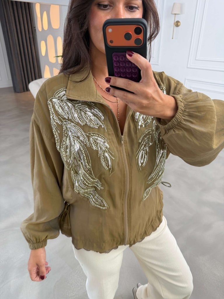 Olive Pul İşlemeli Cepli Fermuarlı Ceket 9773-Olive