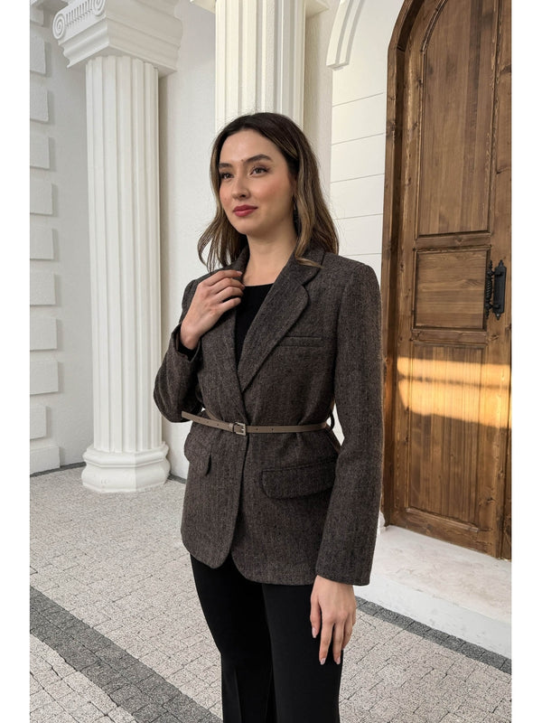 Vizon Çizgili Yün Karışımlı Kemerli Ceket 9634-Vizon