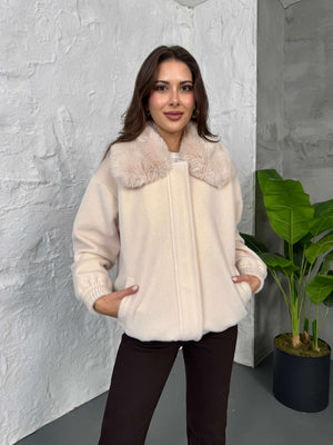 Premium Taş İİthal Kumaş Kürk Mont 70099-Taş