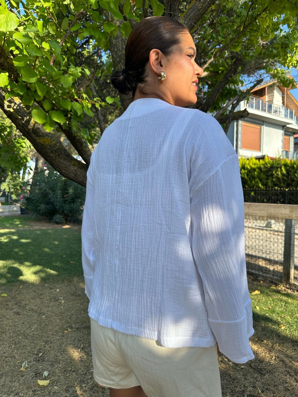 Beyaz Nakışlı Müslin Kimono
