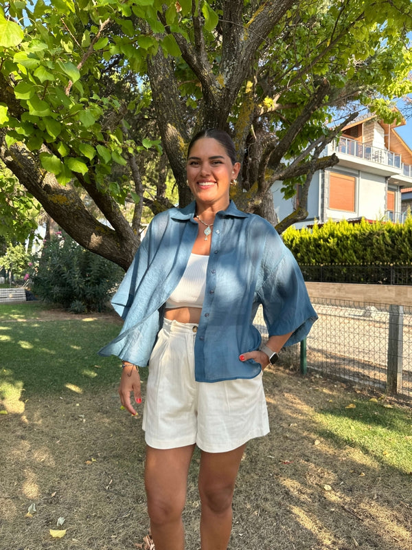 Petrol Mavisi Transparan Kısa Kolu Oversize Gömlek 4927-PETROL MAVİSİ