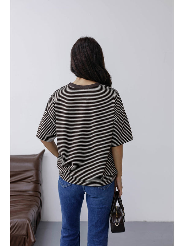 Kahverengi Çizgili Orj Marka Oversize Tshirt 6274-Kahverengi