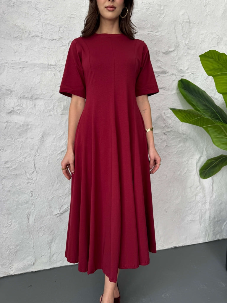 Bordo Bisiklet Yaka Uzun Elbise