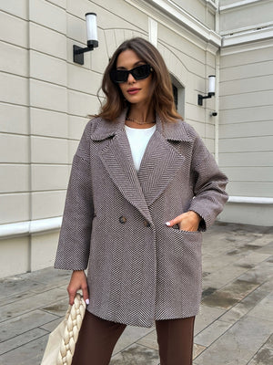 Kahve Balık Sırtı Oversize Astarlı Kısa Kaban 9252-KAHVE