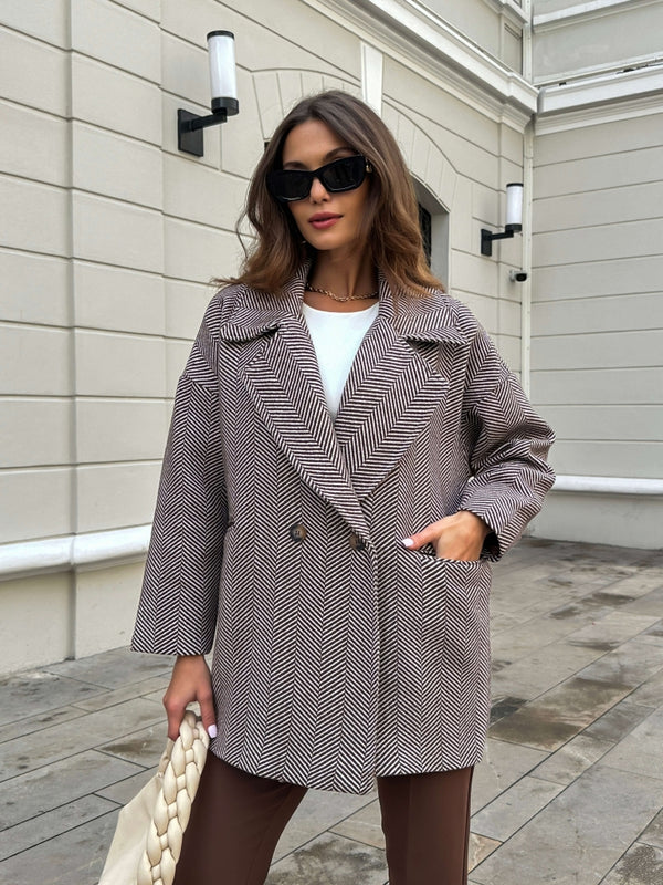 Kahve Balık Sırtı Oversize Astarlı Kısa Kaban 9252-KAHVE