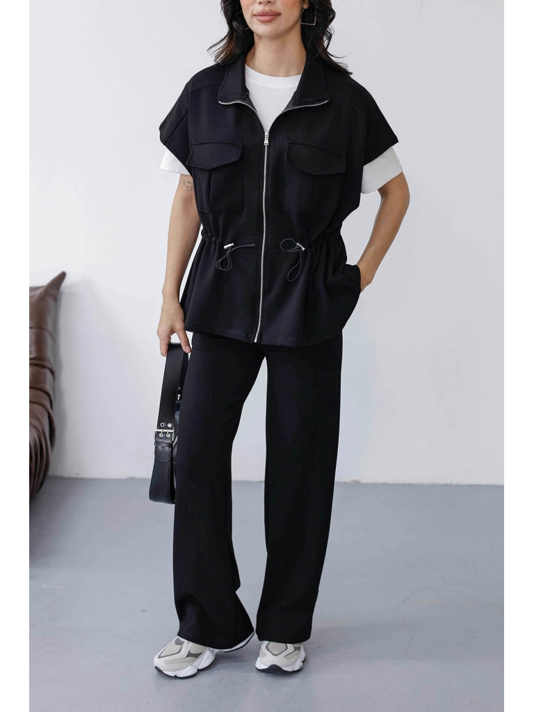 Siyah Yarım Kol Fermuarlı Modal Takım 7307-Siyah