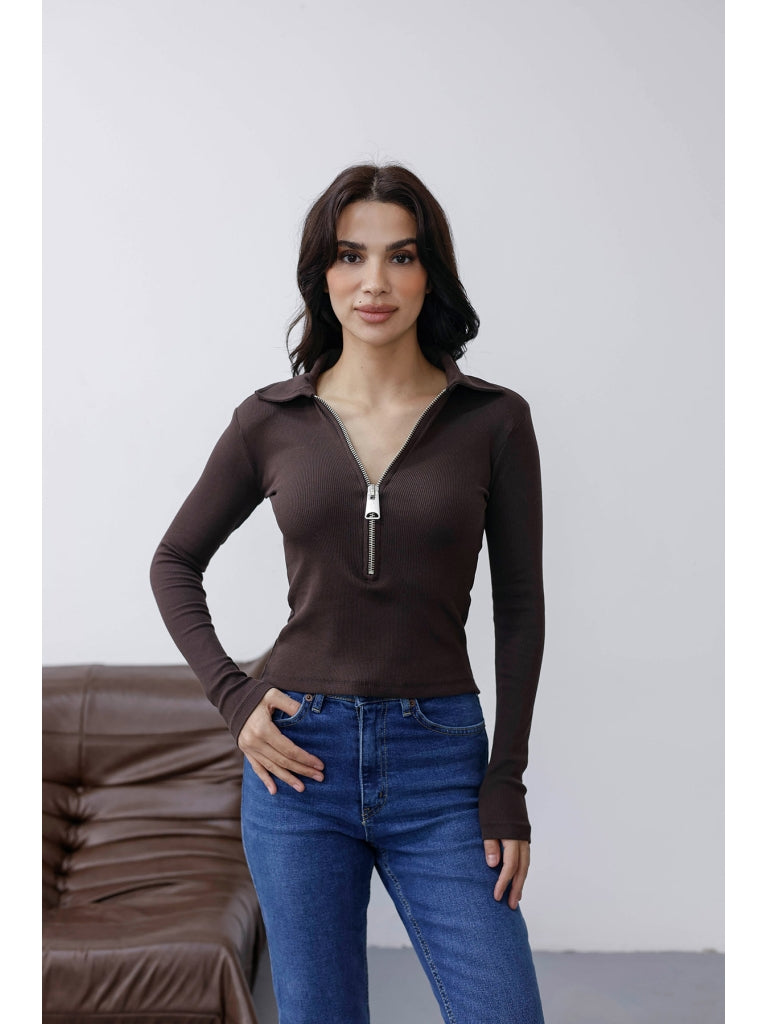 Kahverengi Yakası Fermuarlı Vatkalı Bluz 30412-Kahverengi
