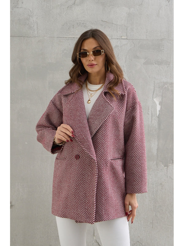Bordo Balık Sırtı Oversize Astarlı Kısa Kaban