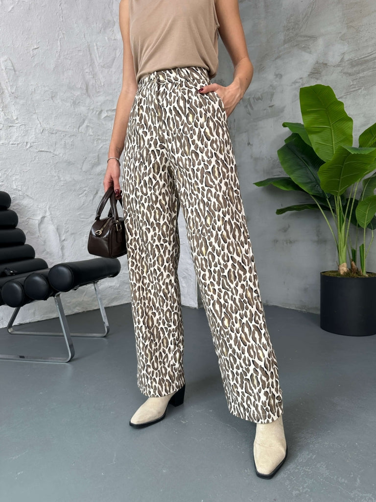 Kahverengi Leopar Varaklı Pantolon