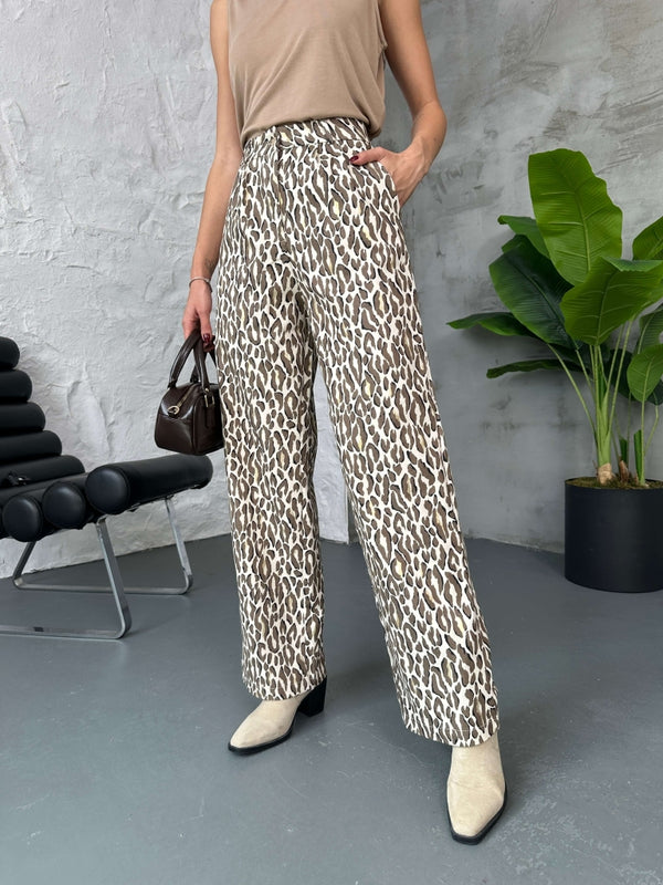Kahverengi Leopar Varaklı Pantolon