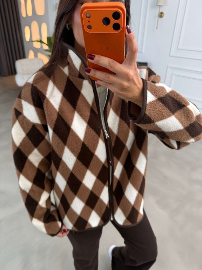Kahverengi Baklava Desenli Ön Fermuarlı Peluş Sweat 4219-Kahverengi