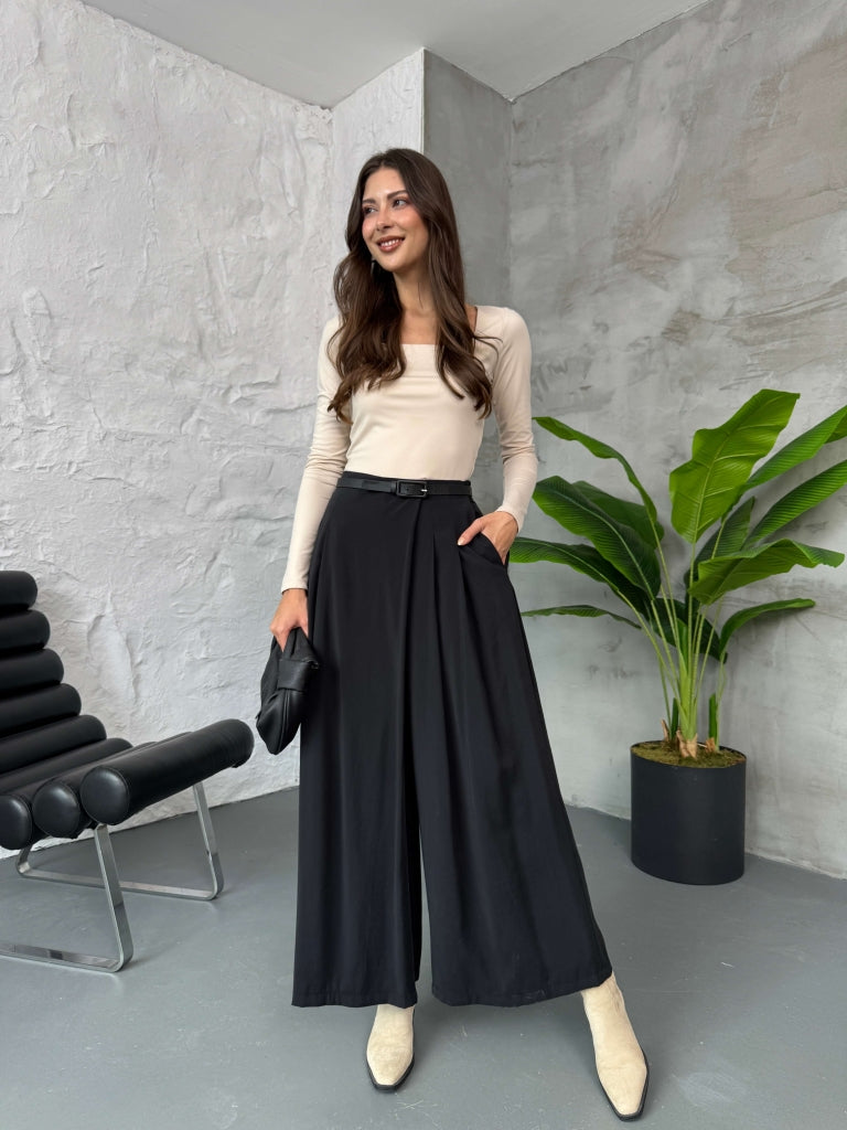Siyah Beli Pilili Tencel Pantolon