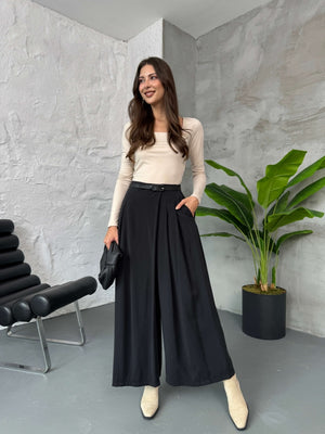 Siyah Beli Pilili Tencel Pantolon