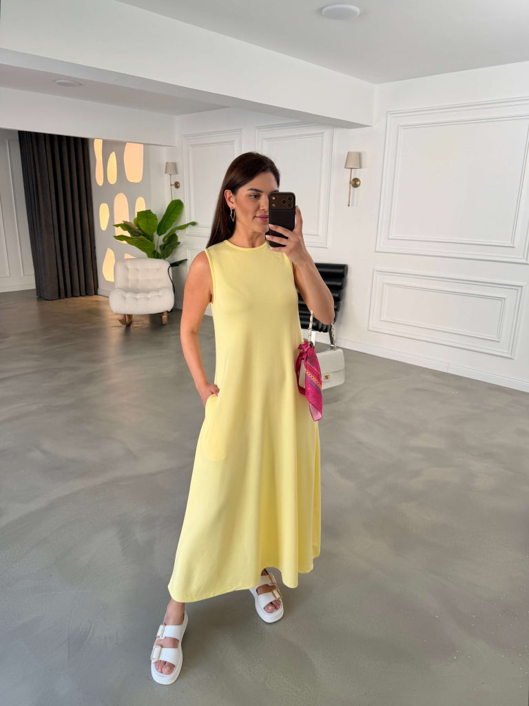 Sarı Bisiklet Yaka Maxi Modal Elbise 4142-Sarı