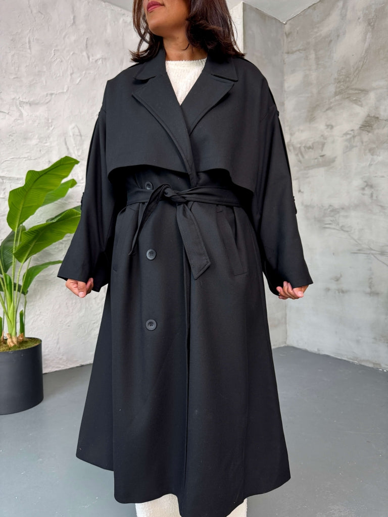 Siyah Kruvaze Detaylı Oversize Trençkot