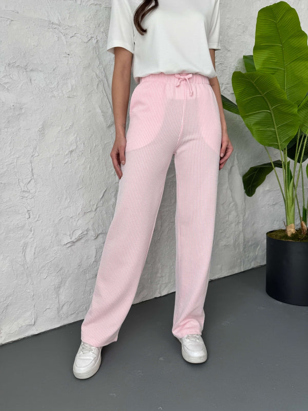 Pembe Çizgili Bel Lastikli Pantolon
