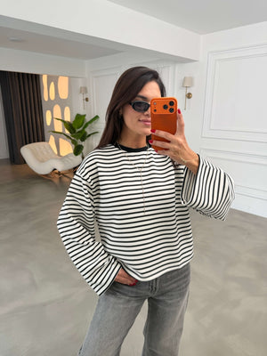 Beyaz Siyah Çizgili Oversize Sweat 12613-Siyah