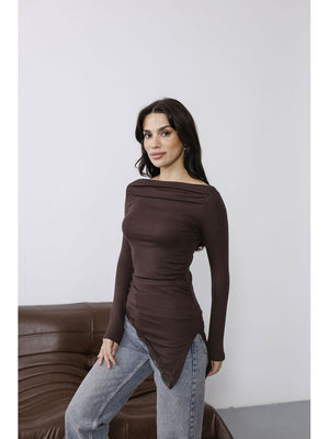 Kahverengi Eteği Dantel Detaylı Asimetrik Bluz 7505-Kahverengi