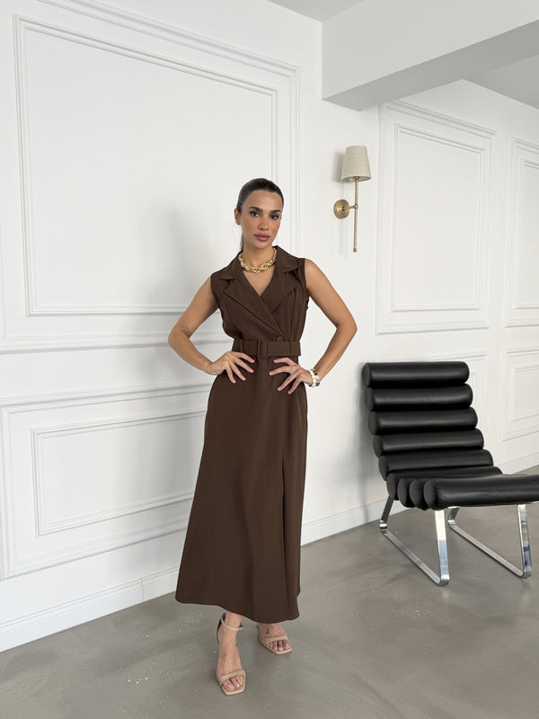Kahverengi Kruvaze Yaka Kemerli Elbise 58497-Kahverengi