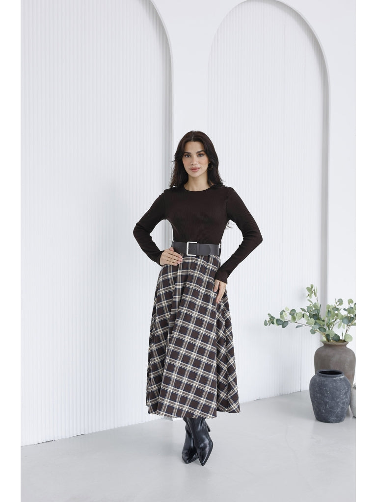 Kahverengi Eteği Ekoseli Elbise 35552-Kahverengi