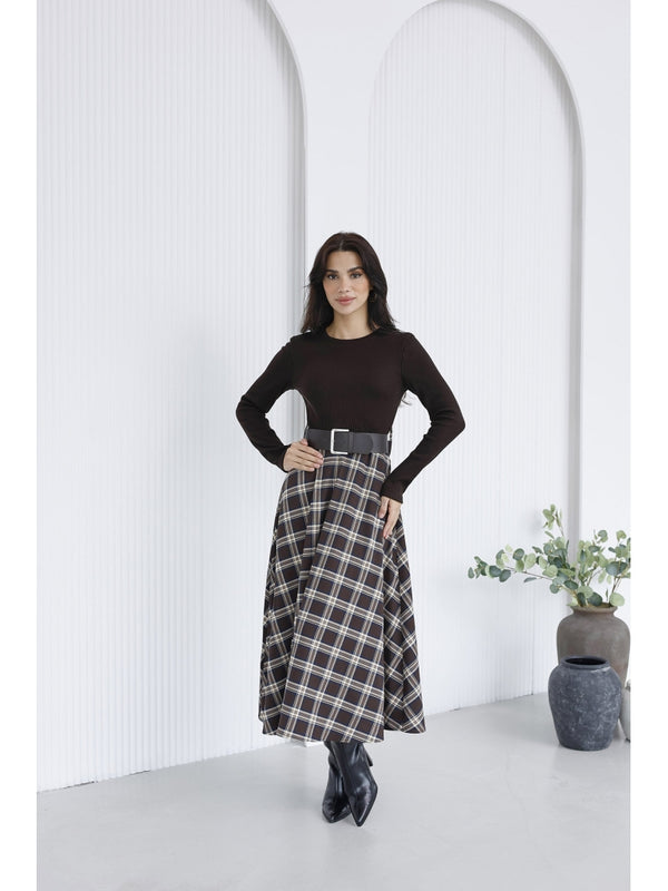 Kahverengi Eteği Ekoseli Elbise 35552-Kahverengi