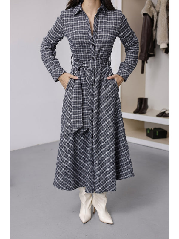 Lacivert Kuşaklı Ekose Elbise 8245-Lacivert