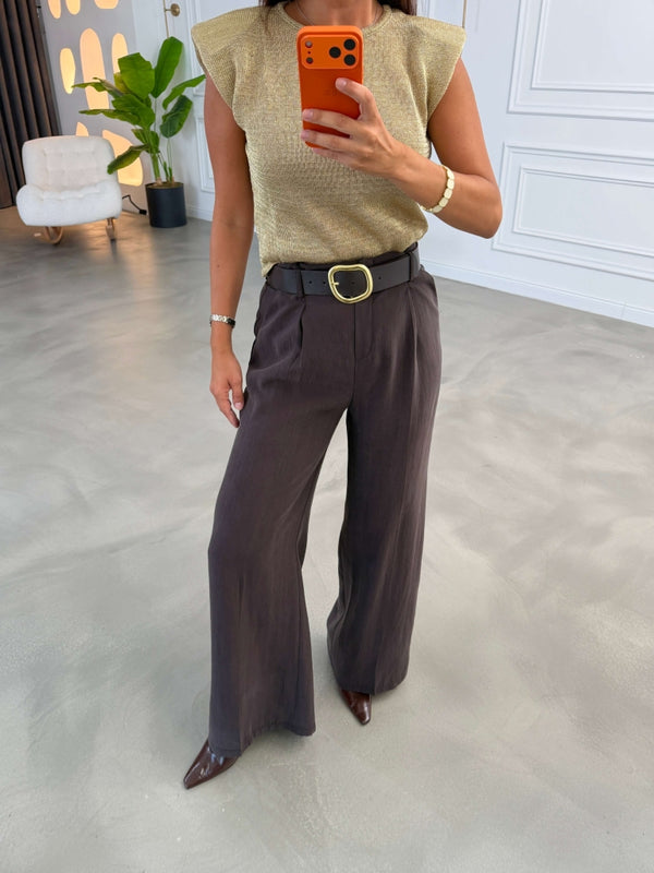 Kahve Gold Kemerli Tencel Pantolon 1569-Kahve