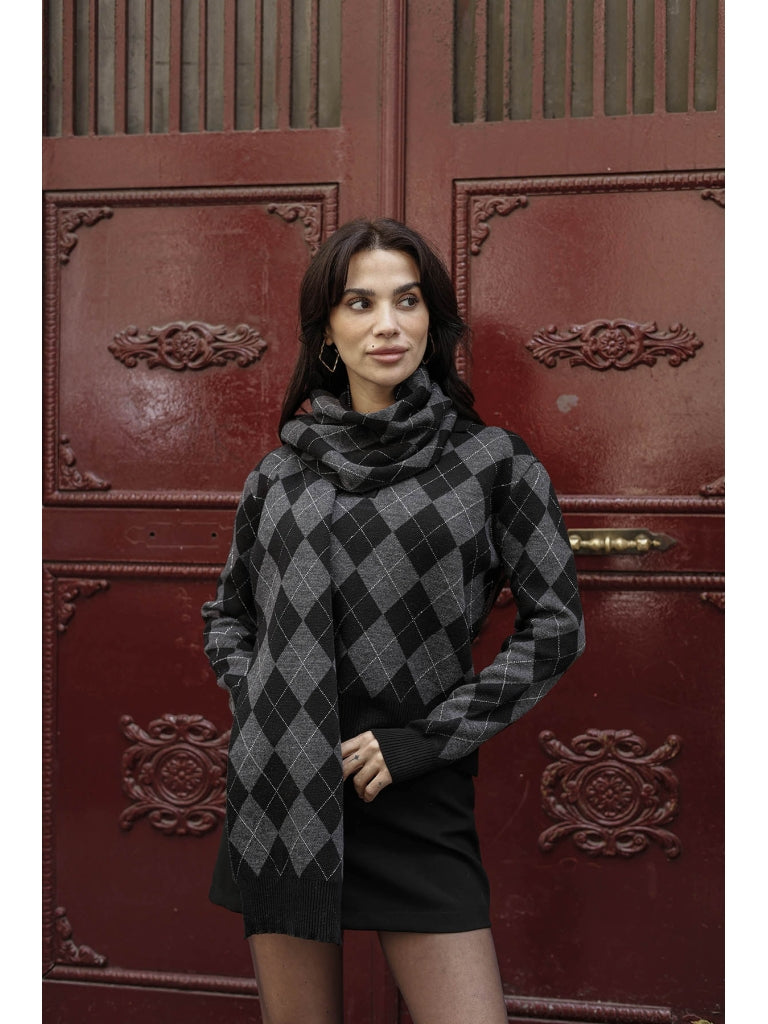 Siyah Sim Detaylı Atkılı Triko Kazak 2620-Siyah