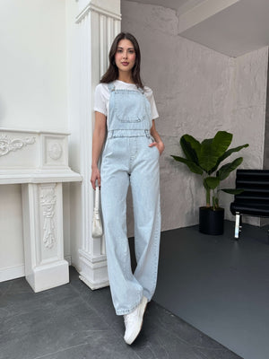 Buz Mavi Geniş Paça Denim Salopet