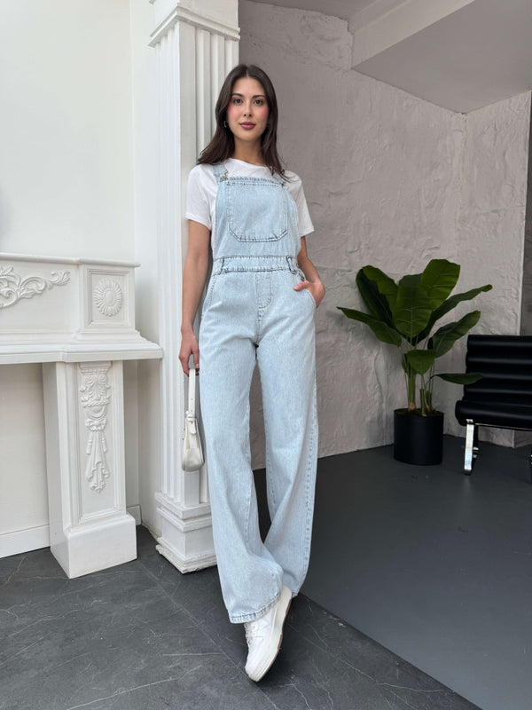 Buz Mavi Geniş Paça Denim Salopet