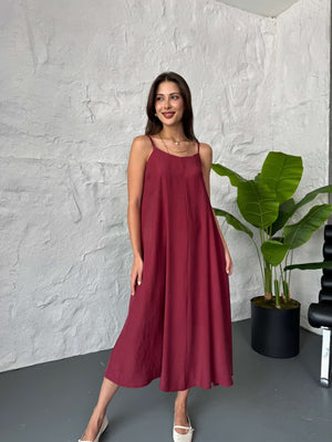 Bordo Kuşaklı İp Askılı Modal Elbise 35465-Bordo